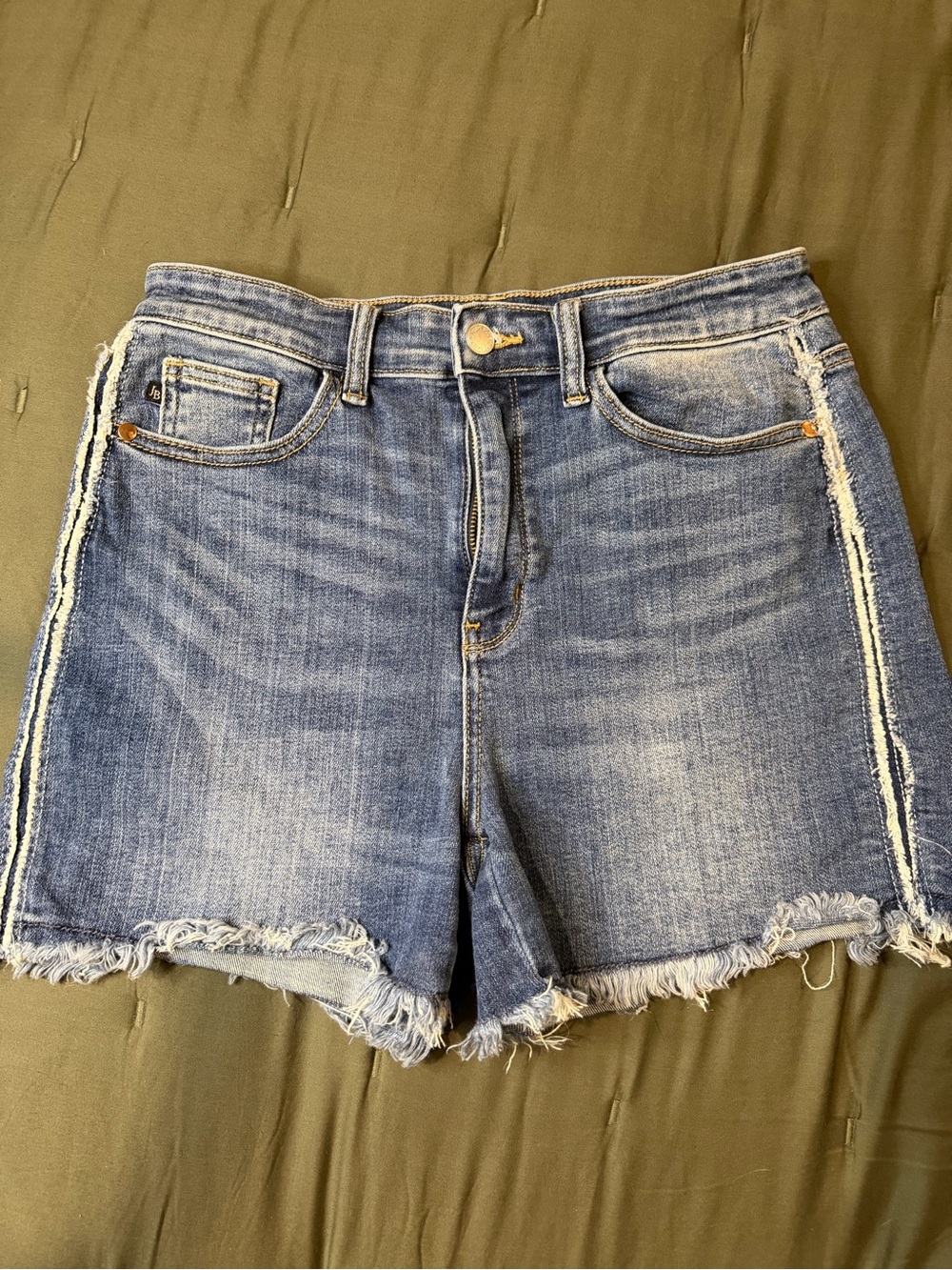 Judy Blue Frayed Hem Distressed Side-Stripe Denim Shorts - Blue